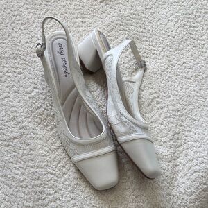 easy street White Lace Slingback Block Heel Pumps with Square Toe